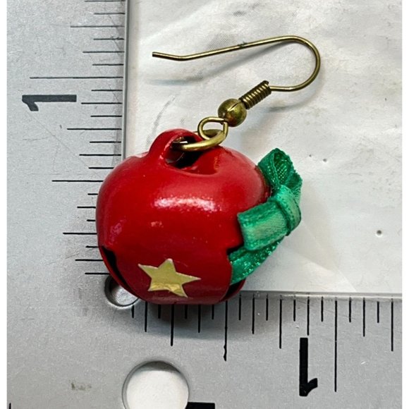 Vintage Jingle Sleigh Bells Earrings Red with Gold Stars Christmas Bells - Picture 3 of 6